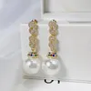 Orecchini pendenti Design a catena di moda Orecchino a goccia con perla imitazione per gioielli di anniversario di matrimonio di lusso CZ per feste