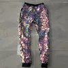 Calças masculinas roxo azul laser lantejoulas casual hip hop dançarino glitter prata espelho calças boate festa mostrar rave outfit traje