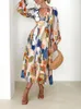 Abiti casual Stampato multicolore Boho Manica lunga Abiti Lanterna Abito floreale autunnale Elegante scollo a V Party Midi