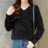 Kadın Sweaters Siyah Bahar Prenses Kürklü Peluş Peluş Peluş V-yakalı Sıcak Süvari Kadın Kız Çeken İnce Üst Kumaş Dış Kat