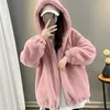 Womens Fur Faux Lucyever Pink Hooded Jackets Lossa tjock varm imitation Rabbor Outwear Autumn Winter Midlength Plush Coat 231017