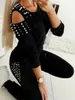 Damen-Trainingsanzüge, zweiteiliges Set mit Perlenverzierung, kalte Schulter, langärmliges Oberteil, Jogger-Hosenanzug, weiblich, lässige Loungewear-Outfits 231018