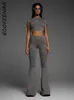 Frauen S Tracksuits Boofeenaa Basic Casual 2 -Teile -Set S -Outfits Top und Leggings Grey Flare Hosen passende Fitness Y2K Kleidung C56 BI30 231018