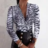 Blusas femininas blusa com decote em v elegante leopardo/tigre impressão profunda elegante fino ajuste plissado moletom para primavera/outono