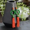Dangle Earrings Natural Green Jade Red Coral Beads Circle Fringe FOOL'S DAY Lucky Ear Stud Diy Year Halloween Hook VALENTINE'S