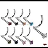 Jewelry Colorful Zircon Ring Stainless Steel Studs Hooks Bar Pin Nose Rings Body Piercing Jewellery Ubsgr259H