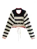 Women's Sweaters MESTTRAF Women 2023 Fashion Sexy Round Neck Stripe Short Sweater Vintage Long Sleeve Back Open With Tied Knit Cropped