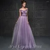 Robes de soirée fantaisie violet col rond appliques robe de soirée tulle illusion manches courtes a-ligne longueur de plancher pour les femmes robe