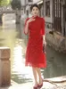 Abbigliamento etnico Autunno Vintage Elegante colletto alla coreana Manica a sette punti Qipao Donna Abito cinese Cheongsam in pizzo AoDai diviso