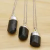 Pendant Necklaces Fashion Natural Stone Raw Ore Black Tourmaline Stainless Steel Chain Necklace Plating Silver Charms DIY Jewelry Gift 1Pc