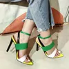 Sandals Pointed Peep Toe Elastic Strap Women's Hollow Stiletto Buckle Woman Shoes Summer Mixed Color Gladiator Genuine Leather