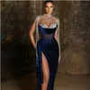 Вечернее платье Женское платье Высокая горловина Синяя бархатная складка LSS-футляр Yousef aljasmi Kendal Jenner Silver Crystal Kim kardashian259W