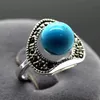 13X15MM Vintage 6mm Blue Turquoises Marcasite 925 Sterling Silver Ring size 7 8 9280r