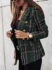 Abiti da donna WYBLZ Office Ladies Colletto dentellato Plaid Donna Blazer Doppio petto Giacca autunnale 2023 Casual Tasche Cappotto femminile