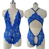 Pigiama sexy Crotchless Blu Lingerie Donna Lace Hollow Body Pigiama erotico Teddy Babydoll Dress V profondo Reggiseno aperto Set intimo porno 231017