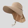 Chapeaux à large bord pour femmes, grand avec corde coupe-vent, chapeau de protection contre les UV, casquette vide, visage et cou en plein air