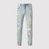 Heren Jeans Paarse Jeans Heren Amari Zwart Distressed Street chic Mode Slank Geborduurde Letters Patroon Patchwork Beschadigd Mager Stretch Gescheurd