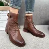 Boots Johnature Retro Solid Color äkta läderskorsband Kvinnor Kort 2023 Fritid Sidans dragkedja Square Toe Shoes