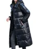 Women Down Parkas Long Hooded Woman Fashion Grube Bawełniane zimowe płaszcze swobodne eleganckie błyszczące solidne kurtki żeńskie ciepło warta 231017