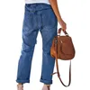 Damen-Jeans, einfarbig, elastisch, mit Kordelzug, hohe Taille, waschbar, lässig, gerade, weites Bein, Denim-Hosen