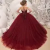 2023 linda borgonha flor meninas vestidos para casamentos jóia pescoço ilusão sem mangas rendas apliques contas tule princesa crianças aniversário menina pageant vestidos