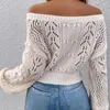 Pulls pour femmes Bohème Lanterne Manches Hors Épaule Pull Femme Vintage Creux Pull Tricoté Jumper Blanc Lâche Blouse D'hiver