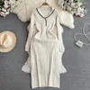 Casual Kleider Frauen Langarm Bodycon Hüfte Wrap Kleid Vintage Französisch Mode Stricken Enge Vestido Elegante Herbst Winter Pullover Robe