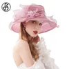 Fs verão organza fascinator chapéu dobrável casamento vestidos de igreja kentucky chapéus para mulheres elegante rosa aba larga fedora 2208129848756