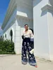여자 트랙 슈트 빈티지 캐주얼 프린트 여성의 넓은 다리 바지 세트 세련된 느슨한 옷깃 싱글 가슴 셔츠 셔츠 가을 가을 레이디 우아한 스트리트웨어 231018