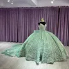 Sage Green Sexy Spaghetti Strap Princess Quinceanera Dress Ball Gown Appliques Flower Beading Sweet 16 Dress Vestido De 15 Anos