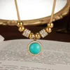 Luxury Crystals Blue Turquoise Round Pendant Stainless Steel Fashion Simple Gold Beads Necklace Chain 18inch for Women Lady