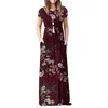 GULE Short Sleeve Summer Pleated Empire Waist Round Neck Floral Maxi Long Pockets Dress 210329156S