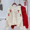 Chandails pour femmes 2023 automne doux tridimensionnel petite cerise épaisse aiguille rouge pull manteau lâche tricot cardigan mode