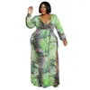 Plus Size Dresses SOMO Leaves Print Maxi Dress Women Deep V Long Sleeve Vestidos Casual Lace Up Clothing Wholesale Drop