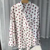 Damesblouses Schattig Aardbeienprint Zijden Shirt Dames 2023 Herfst Lange Mouw Blouse Dame Enkele Breasted Turn-Down Kraag Tops