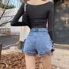 Frauen Jeans Flut Aushöhlen Schnalle Gürtel Design Einfarbig Denim Shorts Retro Hohe Taille Cargo Hosen 2023 Frühling