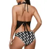 Kvinnors badkläder checker två ton bikini baddräkt svart vit retro mod halter sexig mode set kvinnor push up tryckt biquini