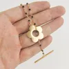 Gargantilha colar de flor de cor dourada para mulheres fivela t preto bola cabo corrente lariat colar de aço inoxidável