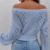 Pulls pour femmes Bohème Lanterne Manches Hors Épaule Pull Femme Vintage Creux Pull Tricoté Jumper Blanc Lâche Blouse D'hiver