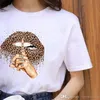 RETAIL Designer dames T-shirt plus maat S-3xl korte mouw tops luipaard lippen print ronde hals tee zomerkleding vrouwelijk casual Str3259