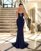 Elegant Dark Navy Black Mermaid Evening Dresses For Women Sweetheart Beaded Satin Formal Occasions Pageant Birthday Party Prom Celebrity Gowns