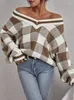 Kadın Sweaters 2023 Sonbahar/Kış Güzel Üst V yaka gevşek kazak ceketi Günlük Ekose Uzun Kollu Örme