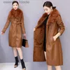 Cuir Femme Faux Cuir VmewSher hiver femmes veste en cuir grand col de fourrure nouvelle peluche doublé velours chaud mince ceinture longue en cuir manteau Fe vêtements d'extérieur M-4XL L231018