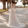 Boho Long Flare Sleeves Lace Appliques Weeding Dress Deep V-Neck Side Split A-Line Illusion Back Beach Bridal Gowns 328 328