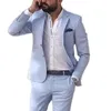 Sky Blue Linen Beach Men Suits 2021 Summer 2 Piece Slim Fit Groom Tuxedo för bröllop Ny manlig modejacka med byxor X0909280A