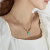 Cristais de luxo azul turquesa pingente redondo aço inoxidável moda simples contas de ouro colar corrente 18 polegada para mulher senhora