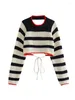 Women's Sweaters MESTTRAF Women 2023 Fashion Sexy Round Neck Stripe Short Sweater Vintage Long Sleeve Back Open With Tied Knit Cropped