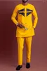 Tradycja męska tradycja dasiki t-sirt set cztery sezony okrągły szyję pasek żółty szlachetny lon rękaw afrykańska narodowa sukienka m-4xl