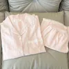 Pijamas femininos rosa pijamas verão algodão linho shorts de manga curta terno doce renda cardigan pode ser usado fora da casa wear