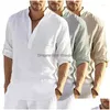Mens S Cotton Linen Henley Shirt Long Sleeve Hippie Casual Beach T Shirts Drop Delivery
